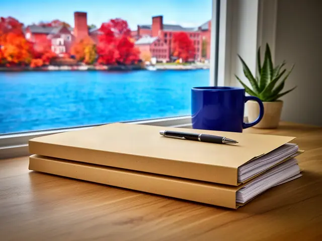 A neat stack of closed manila folders and a pen on a desk by a window.