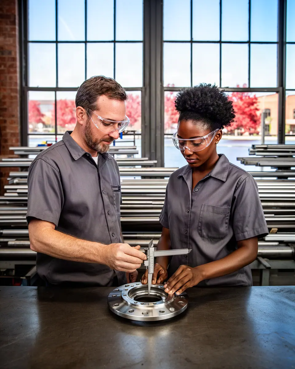 Two machinists measuring a freshly machined steel flange with a caliper at a steel workbench in morning light.