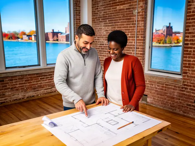 Two business partners looking over a pencil floor sketch in an empty storefront.